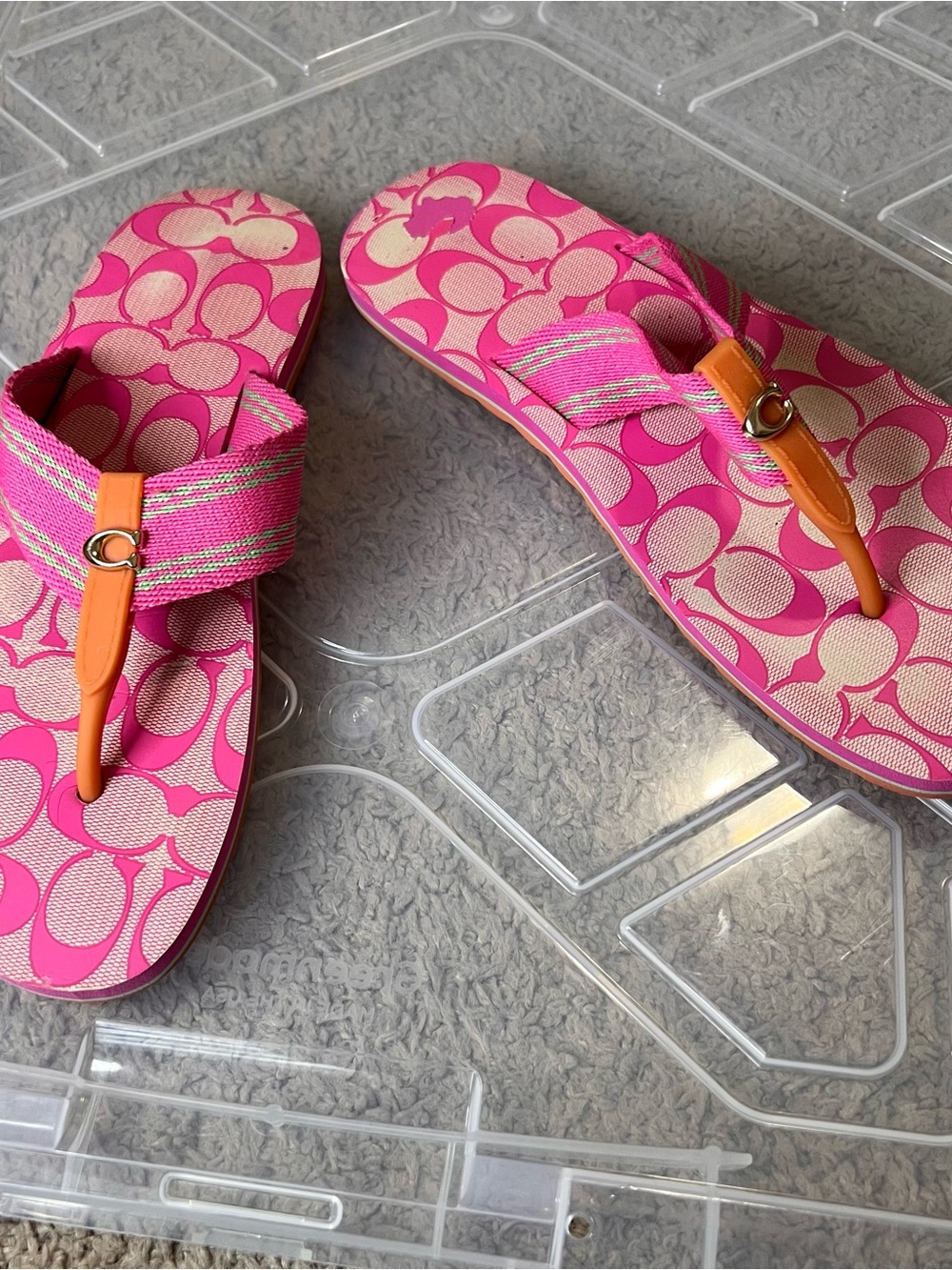 Coach Pink Signature Flip Flop Sandals with Orange Toe Post Size 7B